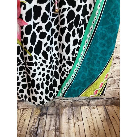 Laudrew Dress Womens 10 Turquoise Mixed Print Tropical Cowl Neck Midi Stretch - Picture 7 of 14